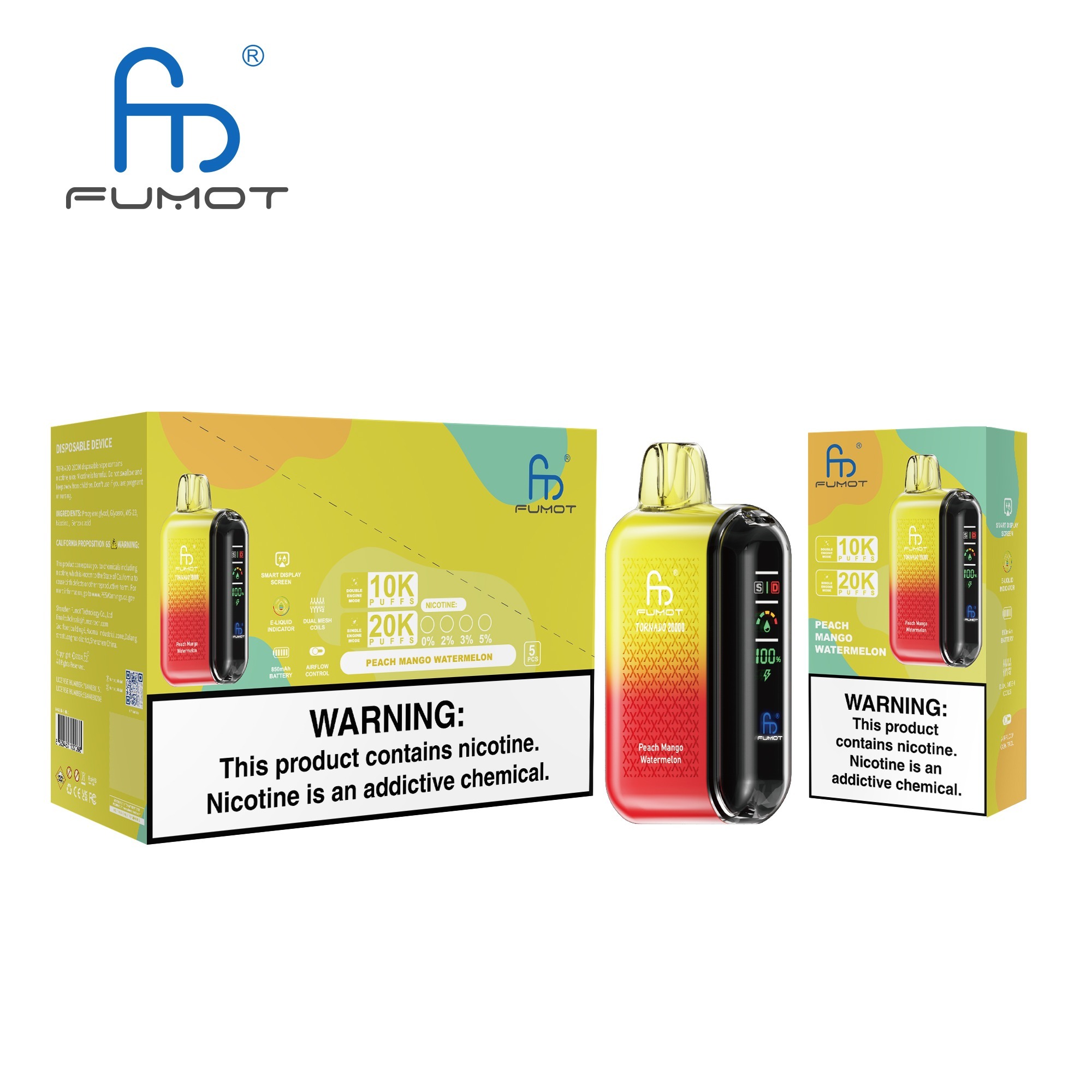 Peach Mango Watermelon Fumot Randm Tornado 20000 Puffs Vape